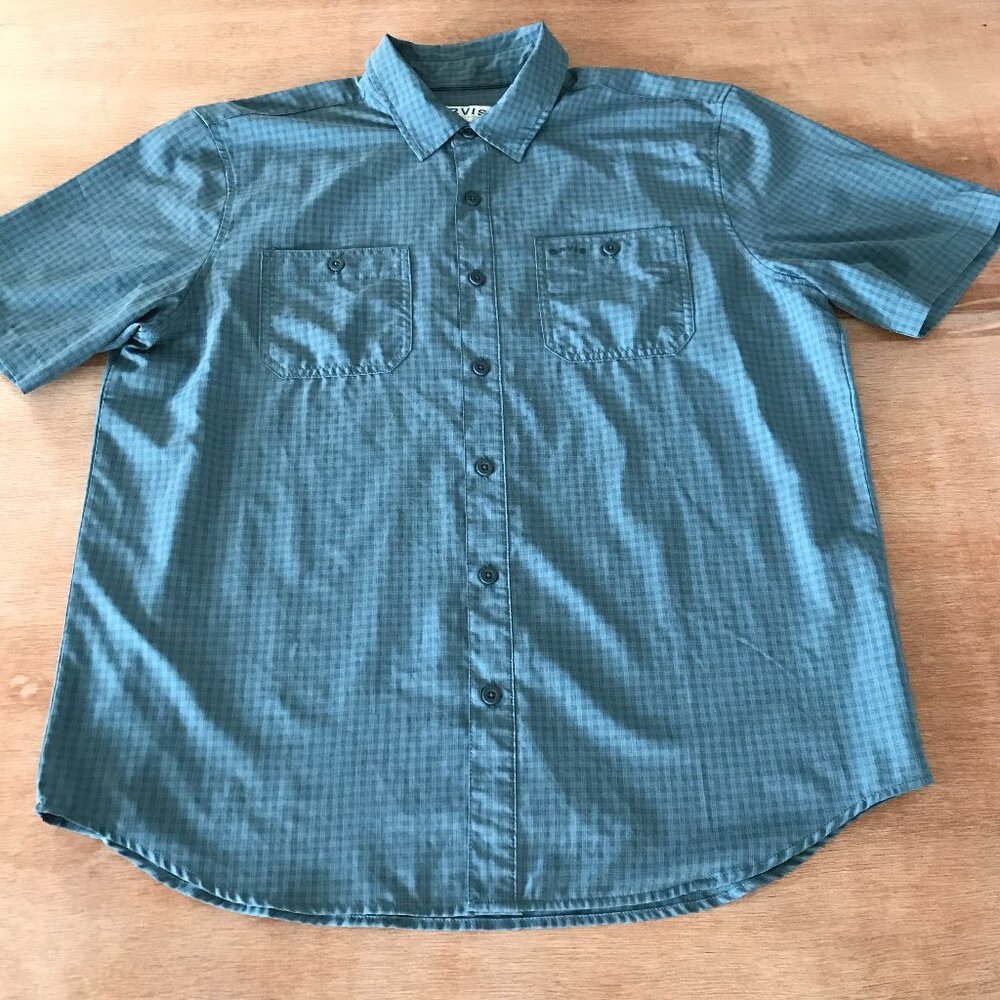 Orvis Shirt Men L Green Plaid Button Up Pockets Short Sleeve Outdoor Hiking 1883